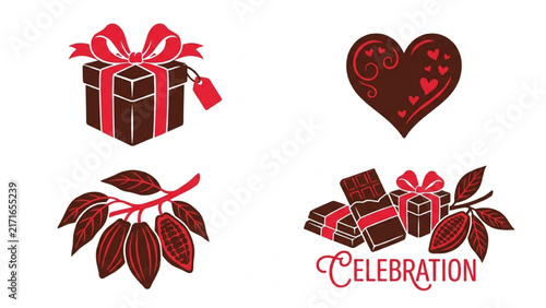 Chocolate Celebration Silhouette Icon Sheet Vector Set with Gift Box, Chocolate Heart and Cocoa Branch on Isolated Plain White Background