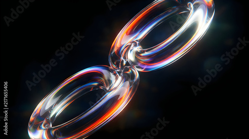 Interlocking glass chain links with prismatic light reflections