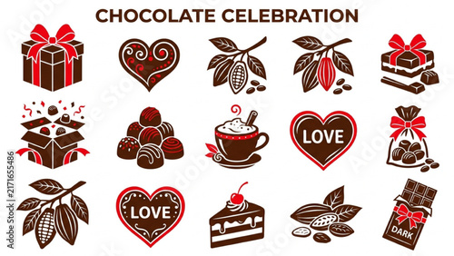 Chocolate Celebration Silhouette Icon Sheet Vector Set with Gift Box, Chocolate Heart and Cocoa Branch on Isolated Plain White Background