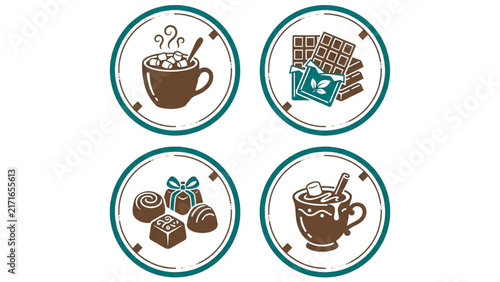 Chocolate Craft Silhouette Icon Sheet Vector Set with Cocoa Nibs, Chocolate Drizzle and Truffle Box on Isolated Plain White Background