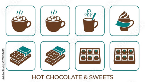 Chocolate Craft Silhouette Icon Sheet Vector Set with Cocoa Nibs, Chocolate Drizzle and Truffle Box on Isolated Plain White Background