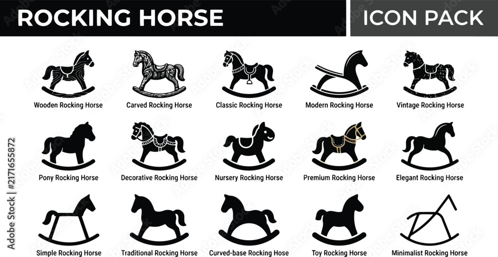 Fototapeta premium Rocking horse icon set. Collection of vintage and modern toy horse silhouettes.