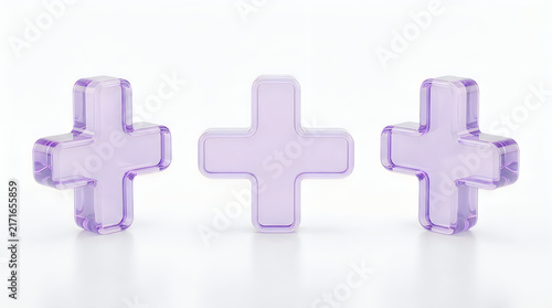 Three glowing purple glass cross symbols on white