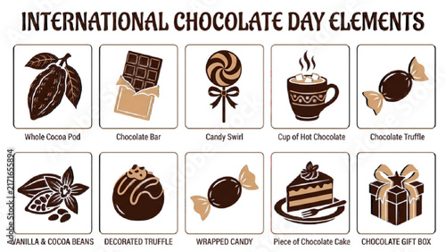 Chocolate Breaking into Pieces Silhouette Icon Sheet Vector Set with Cocoa Beans and Dipped Marshmallows on Isolated Plain White Background
