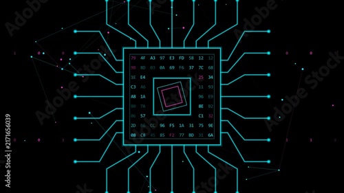 Cloud Computing Microchip with Encrypted Binary Code and Cyber Security Data Flow Animation