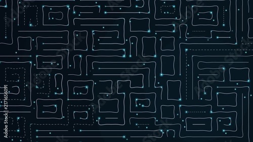 Digital Circuit Board Network with Glowing Light Impulses and Electronic Data Flow Animation
