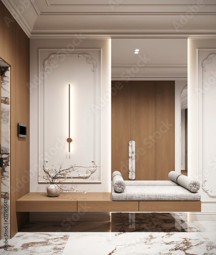 Luxury apartment foyer with decorative wall molding, large mirror, wooden bench, marble surfaces and warm architectural lighting in an elegant contemporary interior.