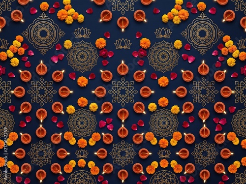 Seamless diwali decorative pattern with diyas marigolds and gold rangoli motifs on dark blue background for holiday wallpaper and festival banner