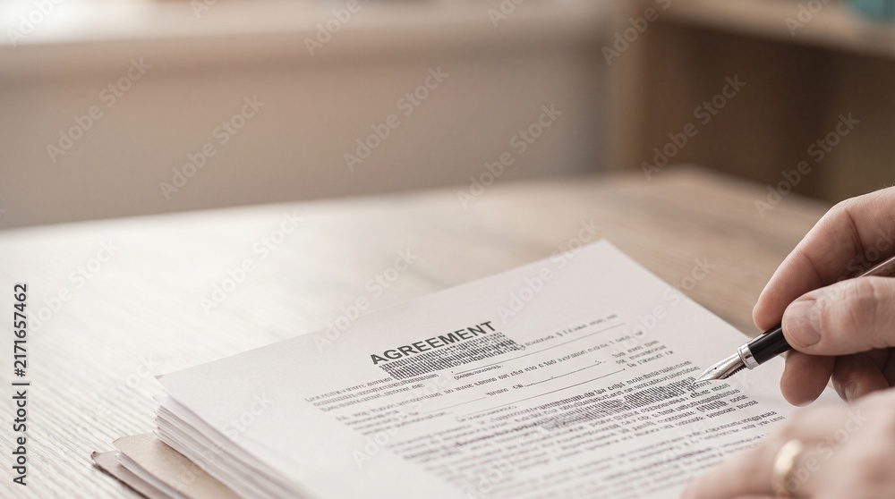 Obraz premium Close Up of Signing Legal Document with Lady Justice and Copy Space
