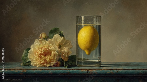 Lemon hangs suspended in a tall glass of water positioned next to a large cluster of blooming cream roses on a weathered blue wooden table, providing a clean and minimalist visual composition.