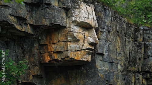 Rock formation shaped like a giant human head looms over the landscape from the side of a steep cliff providing a striking geological landmark for outdoor enthusiasts visiting the mountain region.