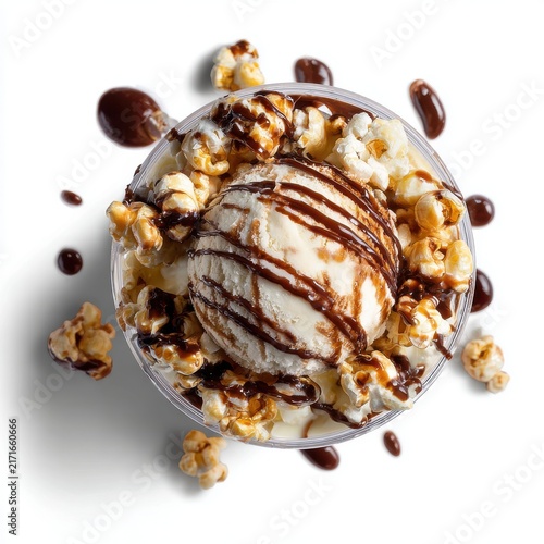sundae with caramel popcorn and chocolate isolated on a white background