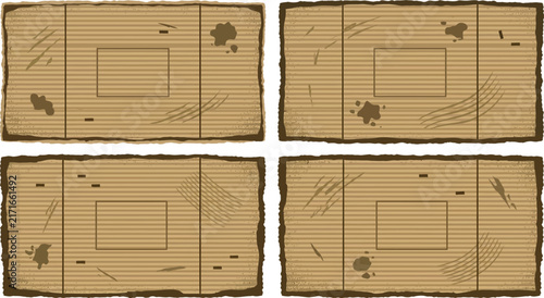 Corrugated Cardboard Texture Layouts Vector Set. Distressed Shipping Box Panels with Scratches, Ink Stains, and Torn Edges. Empty Fragile Package Mailing Label Border Design Elements.