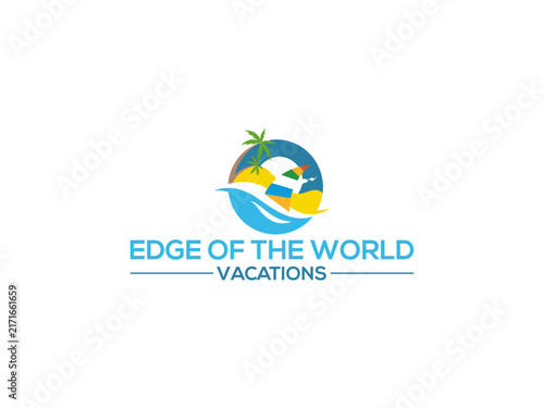Tropical beach scene within a circular logo vector illustration