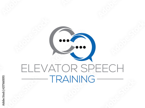 Speech bubble logo with circular design blue and gray tones