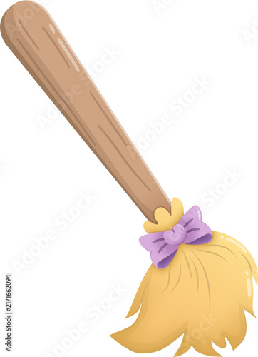 Cute magical fantasy witch broomstick with a wooden handle and purple bow illustration