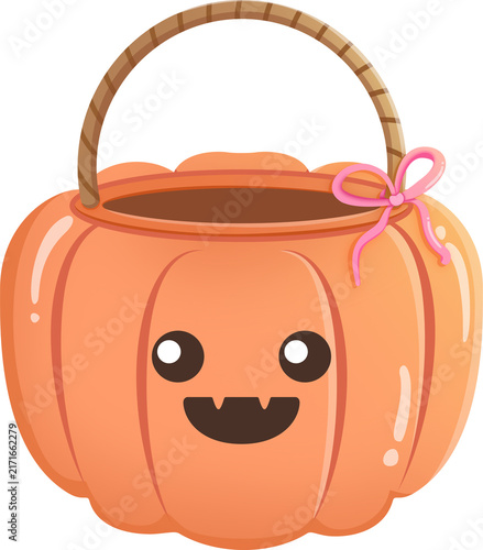 Cute pumpkin shaped Halloween trick or treat basket with a happy face and pink bow isolated on white
