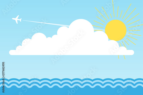 Summer travel background with sun cloud ocean waves and airplane flying in blue sky vector illustration