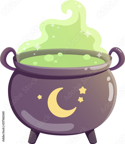 Cute cartoon witches cauldron with green magic potion bubbling, crescent moon, and sparkling stars for Halloween