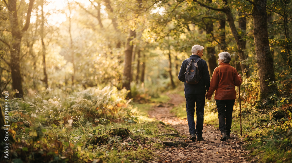 Fototapeta premium Elderly couple holding hands walking on a forest path during golden hour