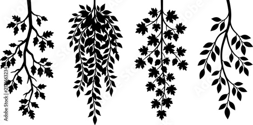 Quadro su tela Four hanging tree branches with various leaves silhouettes