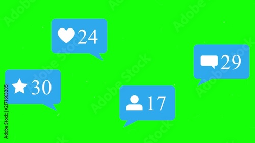 Notification icons for social media featuring likes, comments, stars, and followers appear on a green screen.