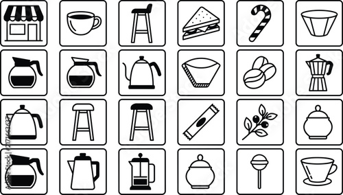 Minimalist coffee shop and cafe line icon set with equipment food and drink symbols