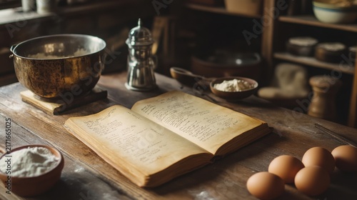 Cookbook lies open on a rustic wooden kitchen table surrounded by fresh eggs, a metal mixing bowl, and various baking ingredients waiting to be prepared for a delicious homemade culinary creation.