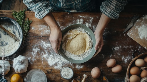 Baker shapes a ball of fresh dough inside a ceramic bowl on a wooden surface dusted with flour, surrounded by raw eggs and garlic to highlight the preparation of traditional homemade baked goods.