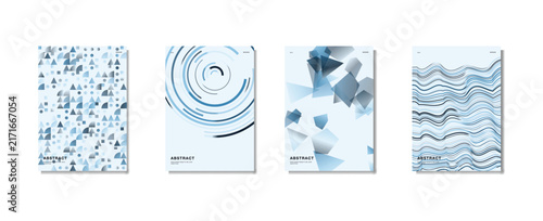 Abstract blue geometric poster templates set minimal cover design with circular patterns, polygon shapes, wavy lines, and graphics for brochure, flyer, annual report