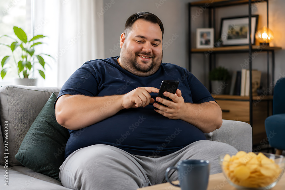 Fototapeta premium Overweight man sitting in armchair using smartphone at home