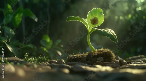 Small, vibrant green plant sprout with two broad leaves pushes through rocky soil, bathed in a soft beam of natural light, signifying resilience and ecological growth in a natural setting.