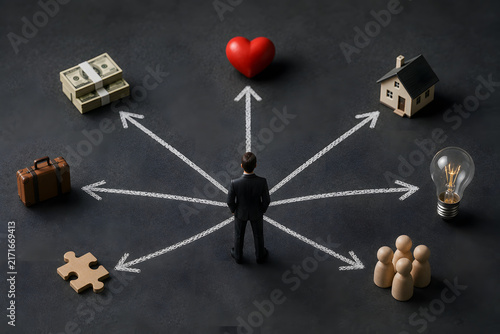A person stands before multiple paths leading toward money, love, home, travel, ideas, relationships, and personal choices.