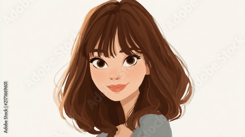 Cute cartoon girl headshot, brown hair with bangs, soft warm smile, clean minimal style, white background