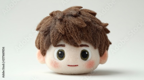 Cute mochi-style boy head and shoulders, soft brown hair, big bright eyes, round fluffy face, white background