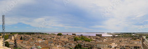 Cuadro en lienzo Panoramic view from the medieval city wall over the old town of Aigues-Mortes and the salines in the south of France