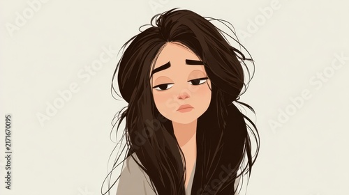 Sleepy cartoon girl, dark brown hair, droopy eyes, minimal thin lines, white background