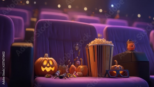 Halloween cinema theater seats with jack-o-lantern pumpkins. Spooky movie theater interior with popcorn and purple velvet chairs.