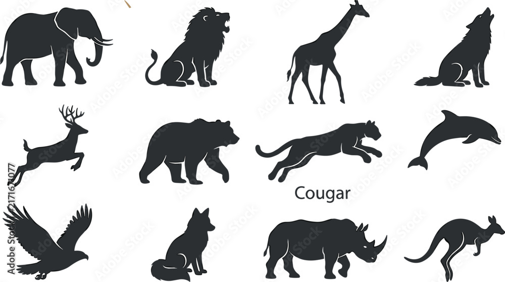 Fototapeta premium Wild Animal Silhouette Vector Icon Set Featuring Elephant, Lion, Giraffe, Wolf, Deer, Bear, Cougar, Dolphin, Eagle, Fox, Rhino, and Kangaroo Symbols