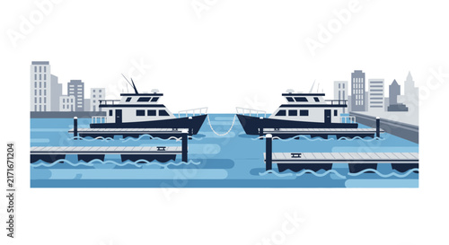 Flat Vector Illustration of Modern Yachts Docked at a City Marina Harbor