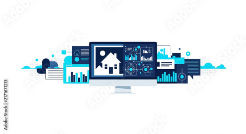 Real estate data analytics dashboard on computer screen for property market analysis.