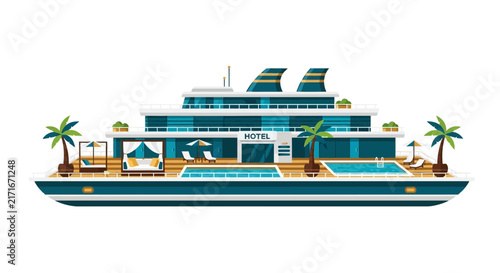 Luxury Cruise Ship Floating Hotel Vector Illustration with Swimming Pools and Palm Trees