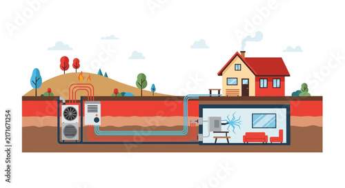 Geothermal Ground Source Heat Pump System Illustration for Residential HVAC Efficiency
