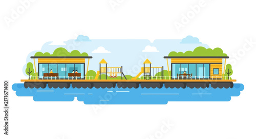 Modern Floating Restaurant and Playground on Water Vector Illustration