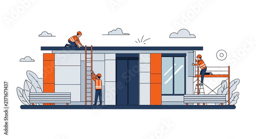 Construction Workers Building Modern House Vector Illustration