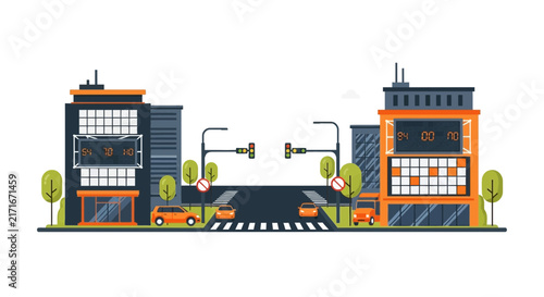 Modern smart city street vector illustration with traffic and digital buildings