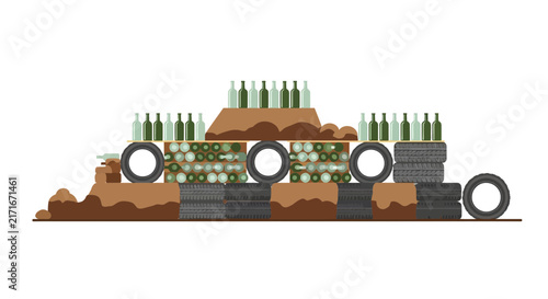 Improvised Defensive Barricade Illustration with Tires and Glass Bottles
