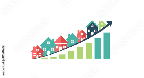 Real estate market growth chart with colorful house icons and upward arrow