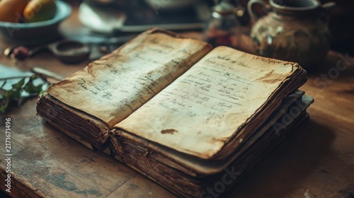 Open ancient book with handwritten recipes or formulas displayed on heavily aged parchment pages rests on a rustic wooden table, surrounded by various vintage kitchen or alchemical items and fresh.