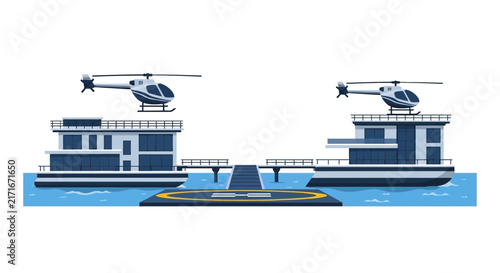 Modern Floating Houseboats with Helicopters and Helipad Illustration